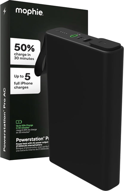 mophie powerstation pro AC (2023)-27,000 mAh External Battery compatbile With MacBook&iPad Portable PD battery with 100W of AC&60W USB-C Fast Charge integrated carry strap-USB-C cable included, Black