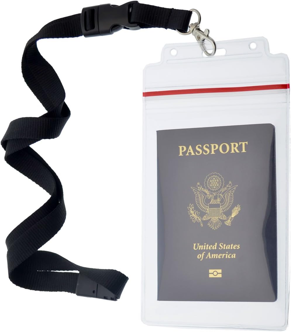 5 Pack - Passport & Vaccination Card Holder - Heavy Duty Waterproof Tear Resistant Sleeve with Zip Top & Premium Breakaway Lanyard - 4X6 Insert for Cruise, Travel, & Beach Vacation Documents