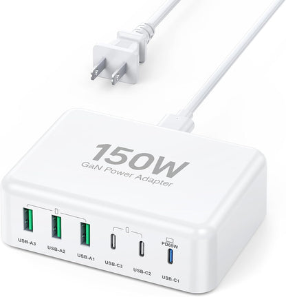 USB C Fast Charger, 150W 6 Port Desktop PD GaN Fast Charger Charging Station Block 65W USB C Laptop Power Adapter for MacBook Pro/Air iPad iPhone 17 16 15 14 13 Pro Max Galaxy S24 Note 20 Pixel