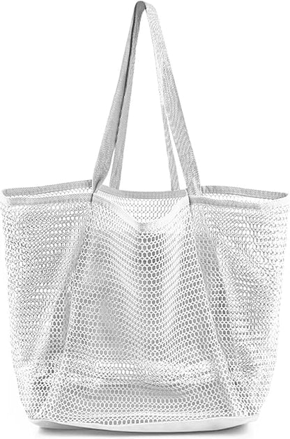 Beach Bags for Women, Foldable Mesh Tote Bag with Mini Pocke, Womens Shoulder Handbag for Travel Beach, White, Large, White
