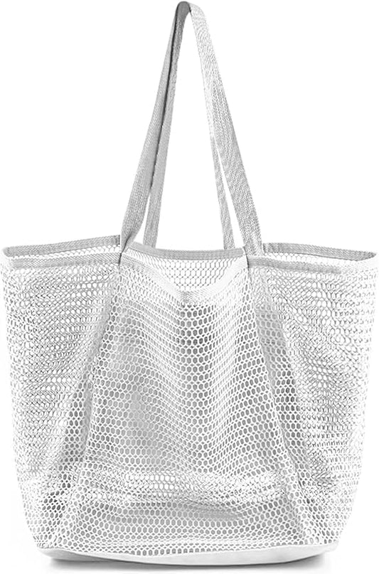 Beach Bags for Women, Foldable Mesh Tote Bag with Mini Pocke, Womens Shoulder Handbag for Travel Beach, White, Large, White