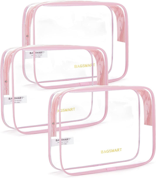 BAGSMART Clear Toiletry Bag, 3 Packs TSA Approved Water-resistant Quart Size Travel Organizer, Airport Airline Travel Essential Carry-On Makeup Cosmetic Bags for Women, Pink