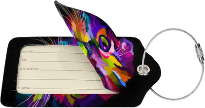 Cute Cat Leather Luggage Tags for Adults Teens, 2 Pack Colorful Art Kitten Animal Travel Bag Suitcase Labels with Stainless Steel Loop ID Tags Card Baggage Bag Label