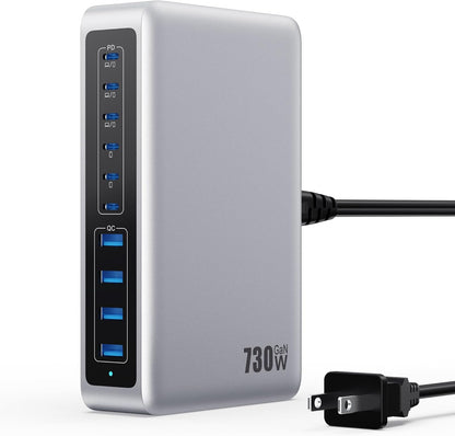730W USB C Charger Block,10-Ports GaN V Fast Charging Station Hub,QC4.0+3 PD 100W Laptop Charger Wall Power Adapter for MacBook Pro/Air,DELL,iPhone 17/16/15/14,iPad,Galaxy S25,Pixel,Steam Desk-Silver