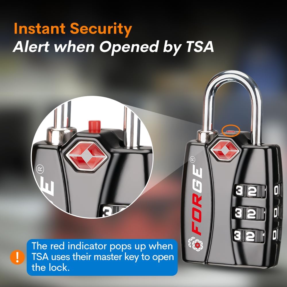 Forge Luggage Locks TSA Approved Black 1 Lock, Small Combination Lock with Zinc Alloy Body, Open Alert, Easy Read Dials, for Travel Suitcase, Bag, Backpack, Lockers.