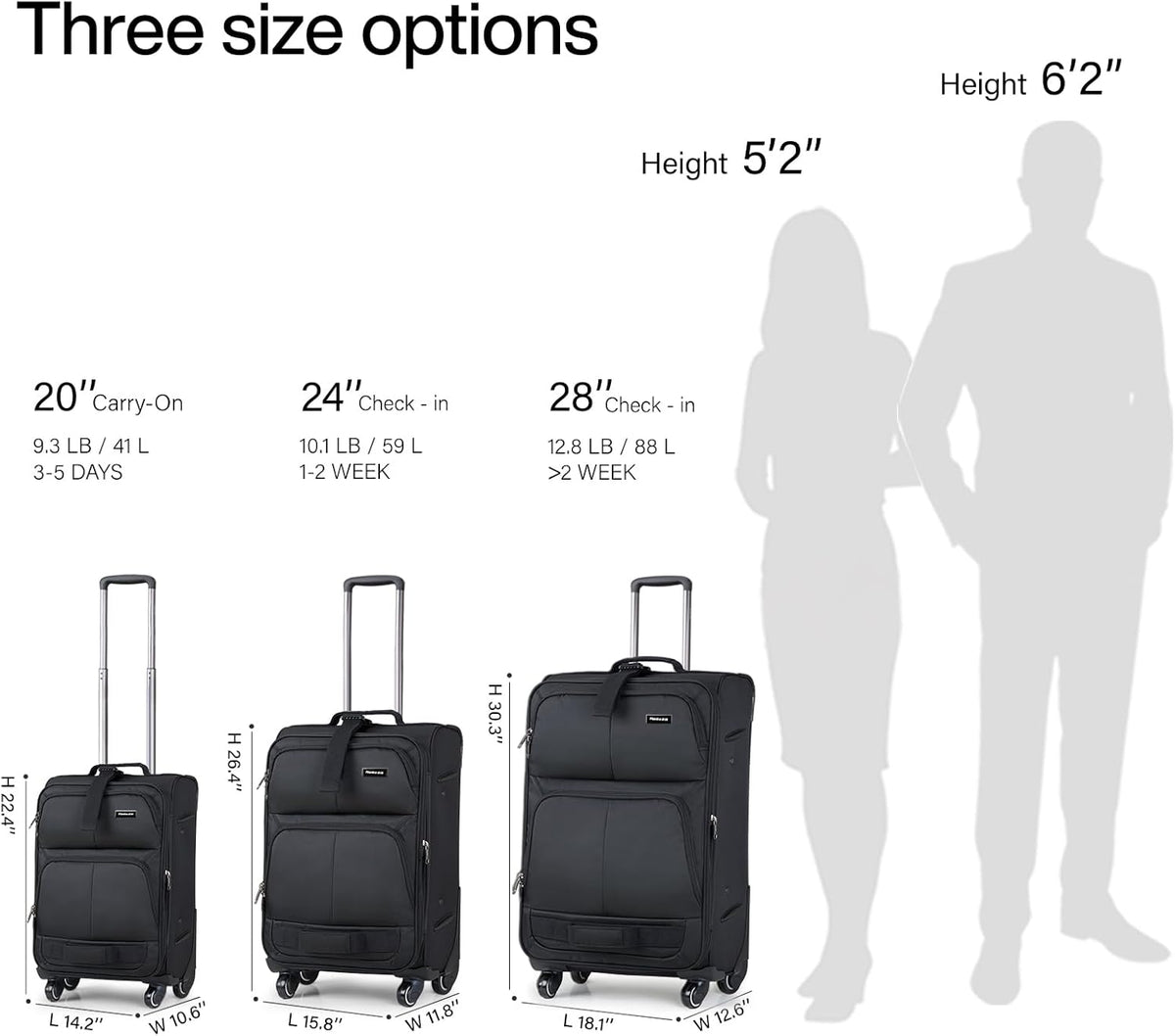 Hanke Luggage Sets 2 Piece Softside Expandable Luggage With Spinner Wheels TSA Lock,Travel Luggage Rolling Suitcase Checked Luggage Black(20/28)