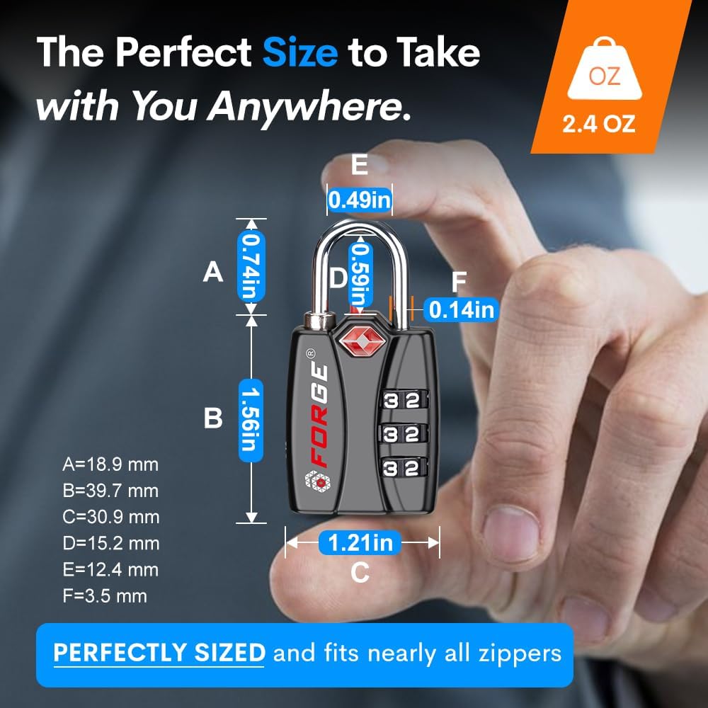Forge Luggage Locks TSA Approved 6 Pack Black, Small Combination Lock with Zinc Alloy Body, Open Alert, Easy Read Dials, for Travel Suitcase, Bag, Backpack, Lockers.
