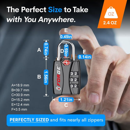 Forge Luggage Locks TSA Approved 6 Pack Black, Small Combination Lock with Zinc Alloy Body, Open Alert, Easy Read Dials, for Travel Suitcase, Bag, Backpack, Lockers.