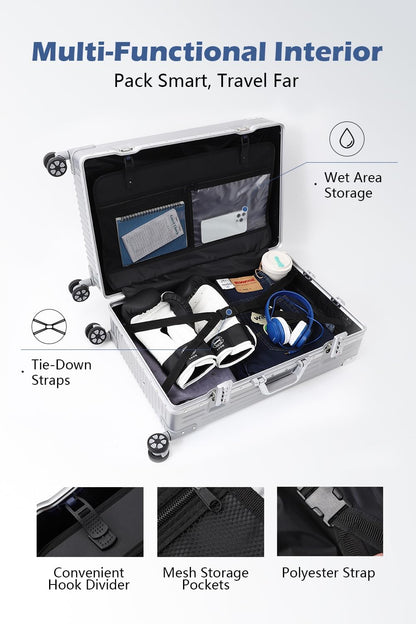 HotWay 22 Inch Checked in Luggage with Aluminum Frame,PC Hard Shell Suitcase with Spinner Wheels and TSA Lock, Large Suitcase for Travel, White