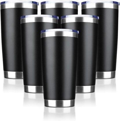 20oz Tumbler Bulk Stainless Steel Vacuum Insulated Tumblers with Lid Double Wall Travel Mug Durable Powder Coated Coffee Cup, Suitable for Ice Drinks and Hot Beverage (Black 6pack)
