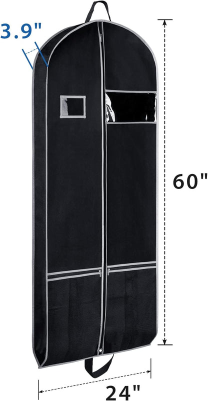 Zilink Long Dress Garment Bags for Travel 60" Dress Suit Cover for Storage with 2 Large Mesh Pockets and a PVC Card Holder, Black