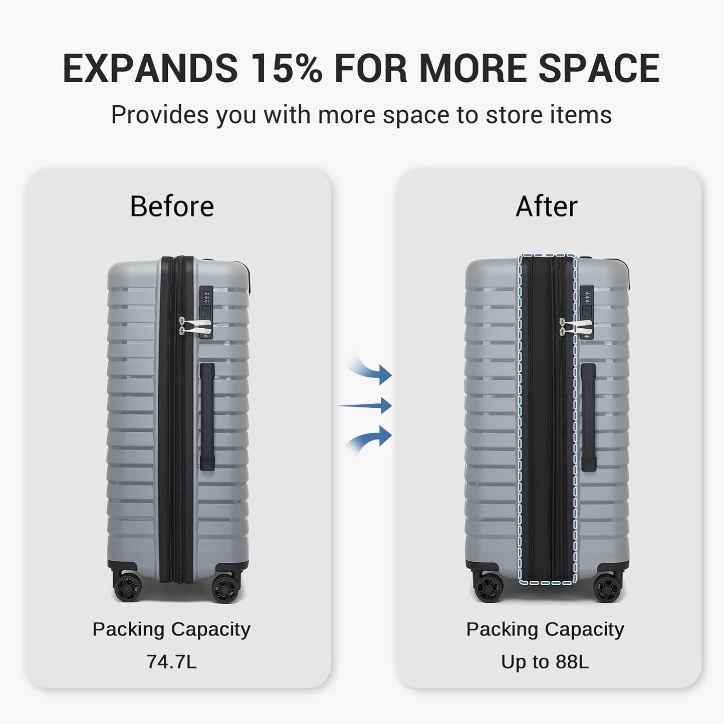Kono 24 Inch Expandable Luggage Suitcase with Spinner Wheels, Durable Hardside Checked Luggage with Hidden Cup Holder, Lightweight Hard Shell Medium Suitcase with TSA Lock(Light Grey)