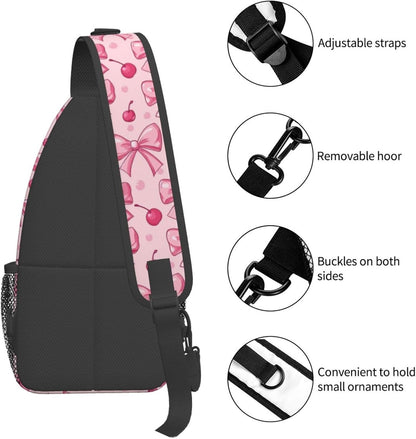 SUPLUCHOM Sling Bag Pink Bows Cherry Hiking Daypack Crossbody Shoulder Backpack Travel Chest Pack for Men Women