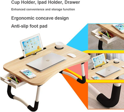 Lap Desk with Storage Drawer, Holders for Cup and Tablet, Laptop Bed Tray Table with Foldable Legs, Laptop Bed Stand, Portable Standing Table for Sofa Couch Floor (23", Walnut)