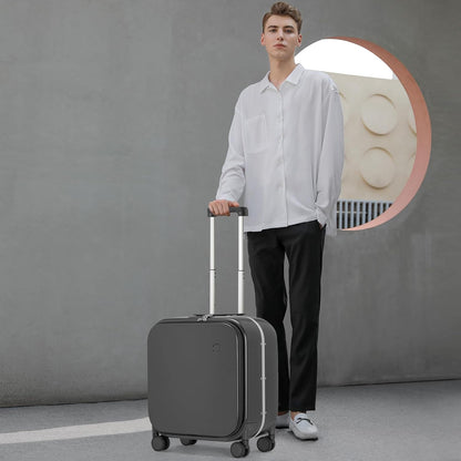 mixi Carry On Luggage, 18” Suitcase with Front Laptop Pocket, Travel Luggage Aluminum Frame PC Hardside with Spinner Wheels & TSA Lock and Cover (Not for Underseat), Rock Gray