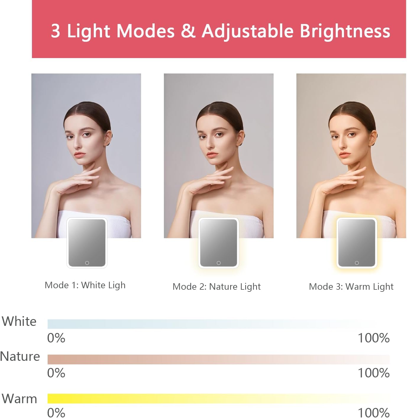 Makeup Bag with Led Mirror,Travel Makeup Organizer with 3 Color Setting, Portable Storage and Adjustable Dividers Travel Makeup Bag(light red)