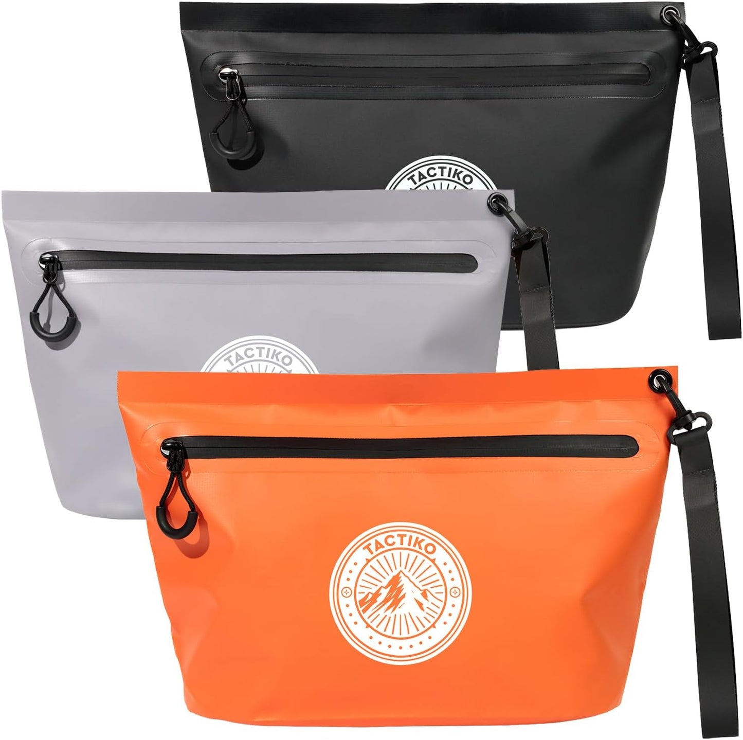 3-Pack Tactiko Heavy-Duty Splash Water Resistant Zipper Pouches - Hold-All Organizers for Dry Bags, Travel Bags (3, Orange/Gray/Black)