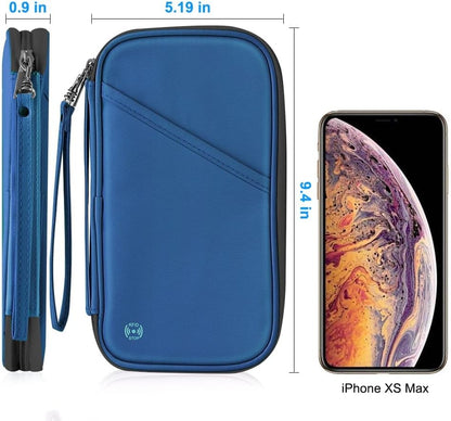 RFID Passport Holder for Family - Large Travel Wallet Holder with Zipper Pocket, Lightweight Portable Document Organizer Passport Card Cover, Blue