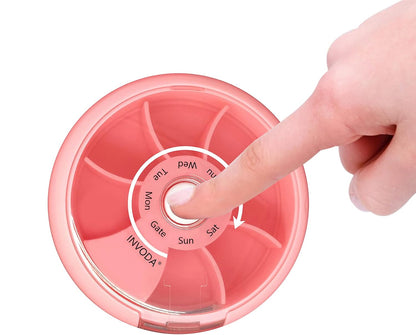 INVODA Weekly Pill Organizer 7 Compartment Rotating Pill Box for Daily Medication & Vitamins - Portable Travel Pill Case Fish Oil Supplements Vitamins Organizer (Pink)
