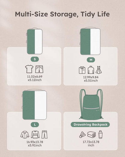4 Set Compression Packing Cubes for Travel, Bonus Versatile Drawstring Backpack, Lightweight Luggage Organizer Bags, Sturdy Travel Accessories for Suitcase, Dark Green