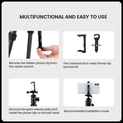 Fotopro 60" Carbon Fiber Tripod, Compact Lightweight Travel Tripod for DSLR Camera, Camera Tripod with Ballhead Quick Release Plate Carry Bag, with Detachable Monopod, Max Load 17.63lb