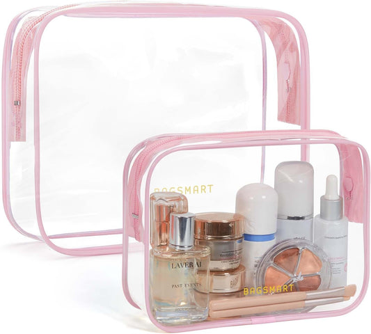 BAGSMART Clear Toiletry Bag, 2 Packs TSA Approved Water Resistant Quart Size Travel Organizer, 2 Sizes Airport Airline Travel Essential Carry On Makeup Cosmetic Bags for Women, Pink