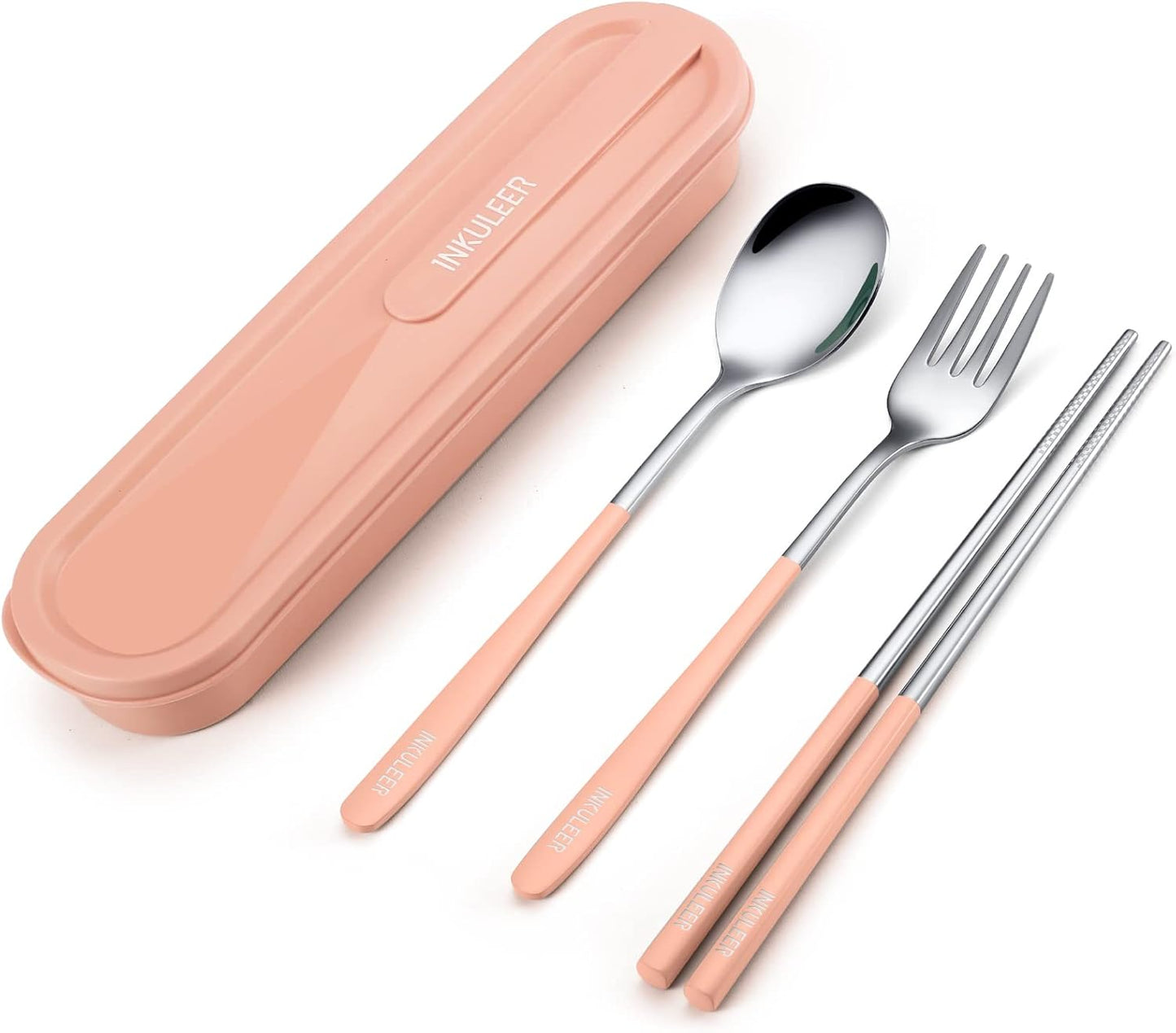 Travel cutlery set, 18/8 stainless steel cutlery, Reusable utensils set with case, Portable Silverware Lunch Box for Camping and Office(Pink）
