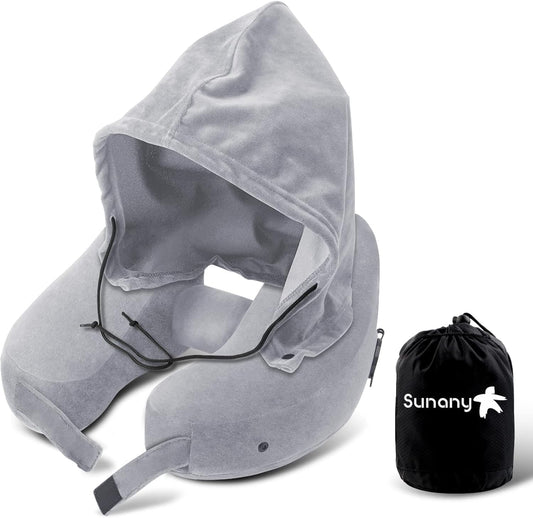 Sunany Neck Pillow for Travel Inflatable Airplane Pillow Comfortably Supports Head,Neck and Chin,Inflatable Travel Pillow with Soft Velour Cover,Hat,Portable Drawstring Bag (Grey)