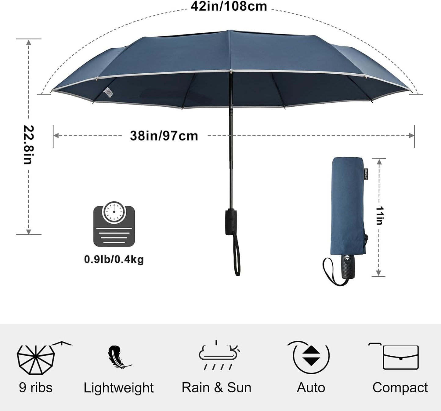 G4Free 42 Inch Eco Windproof Folding Umbrella for Rain & Sun 9 Ribs Wind Resistant Strong Fiberglass Double Canopy with Reflective Strip for Women Men Auto Open Close For Car & Backpack