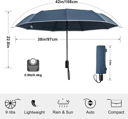 G4Free 42 Inch Eco Windproof Folding Umbrella for Rain & Sun 9 Ribs Wind Resistant Strong Fiberglass Double Canopy with Reflective Strip for Women Men Auto Open Close For Car & Backpack