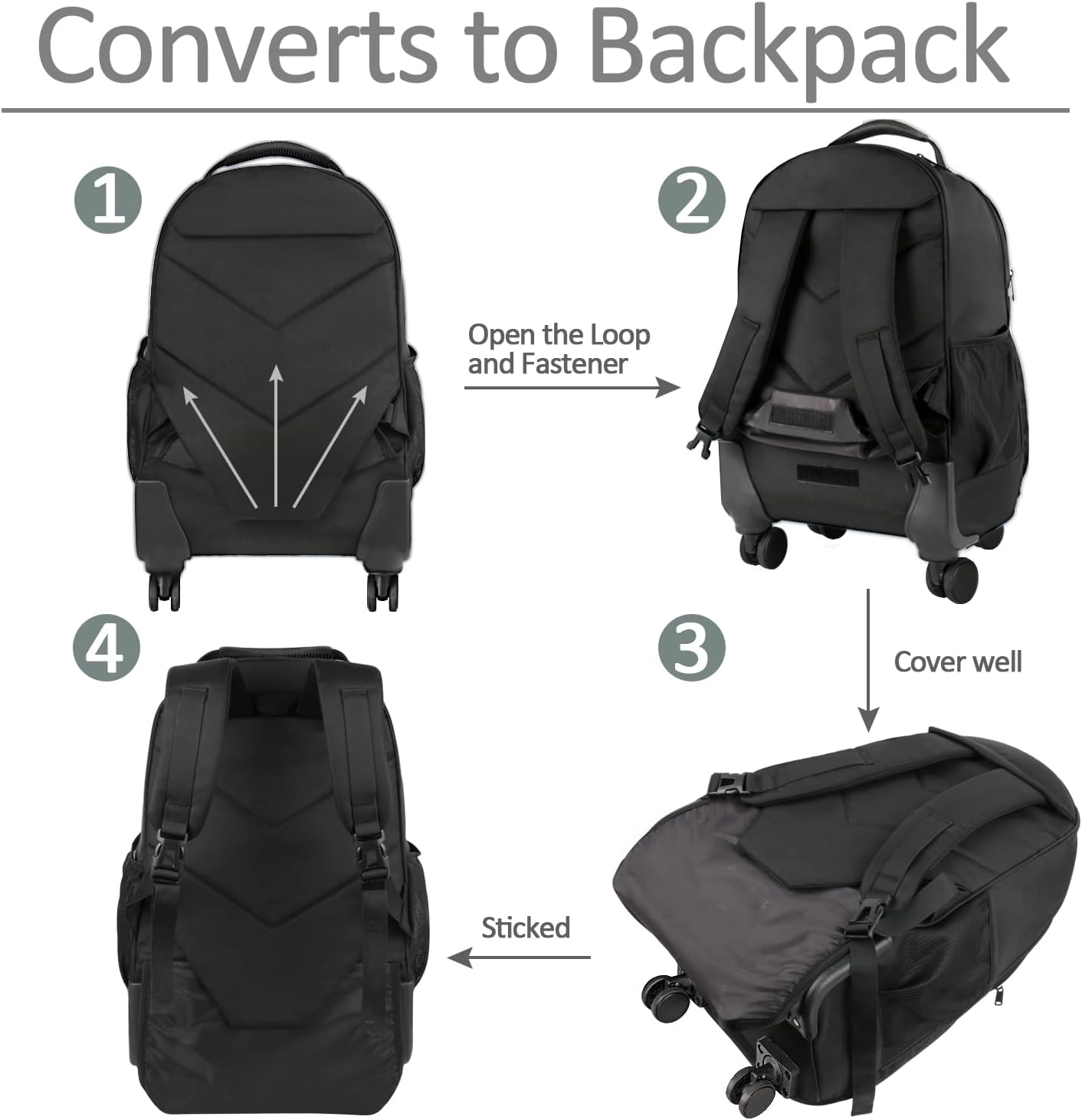 MATEIN Rolling Backpack with 4 Wheels, 17 inch Roller Travel Laptop Backpack for Women Men, Large Water Resistant Business Wheeled Bag, Airline Approved Carry on Luggage Suitcase Bag, Black