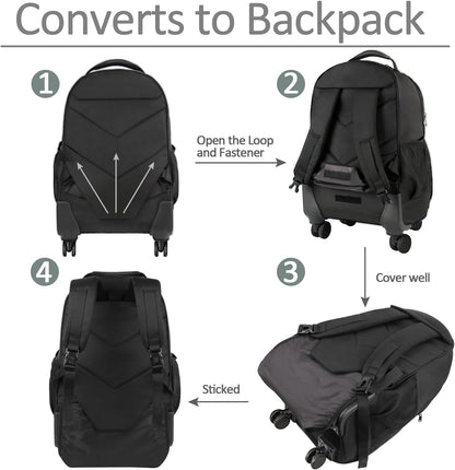 MATEIN Rolling Backpack with 4 Wheels, 17 inch Roller Travel Laptop Backpack for Women Men, Large Water Resistant Business Wheeled Bag, Airline Approved Carry on Luggage Suitcase Bag, Black