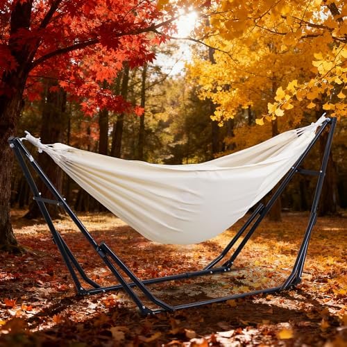 Ainfox Hammock with Foldable Stand, 2 in 1 Hammock and Swinging Chair with Carrying Bag, Portable Camping Chair Suitable for Outside, Swing,Patio,Garden,Camping Trip Beige