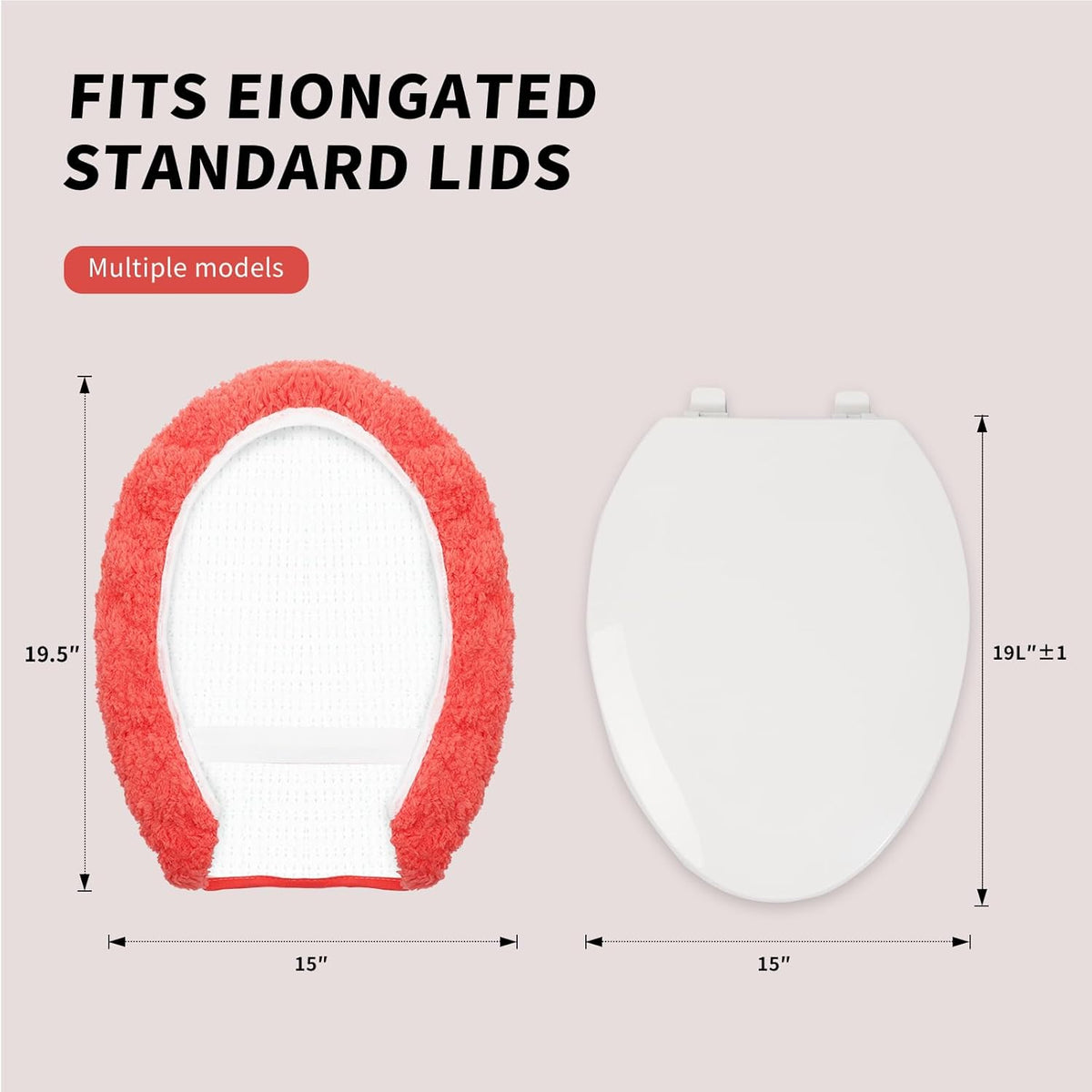 Microfiber Elongated Toilet Seat Cover 19.5"x 15" Machine Washable Solid Toilet Lid Cover Adjustable Rubber Backing Fits Most 18-19.5" L x 14-16" W Elongated Toilet Seat
