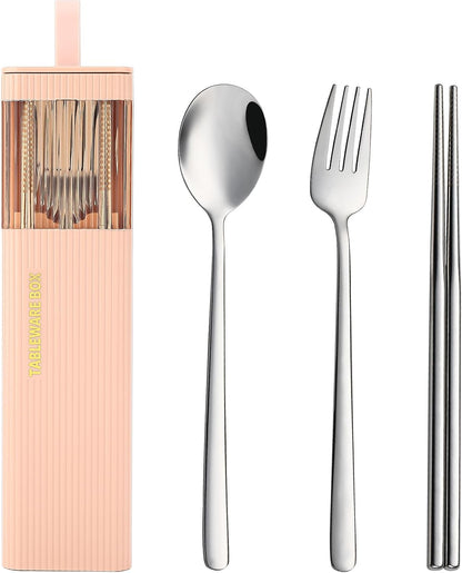 DEVICO Travel Utensils with Case, 18/8 Stainless Steel Reusable Silverware Set for Lunch Box, Portable Cutlery Set, Fork and Spoon Set for Camping, Lunch, Picnic, Workplace, School (Pink)