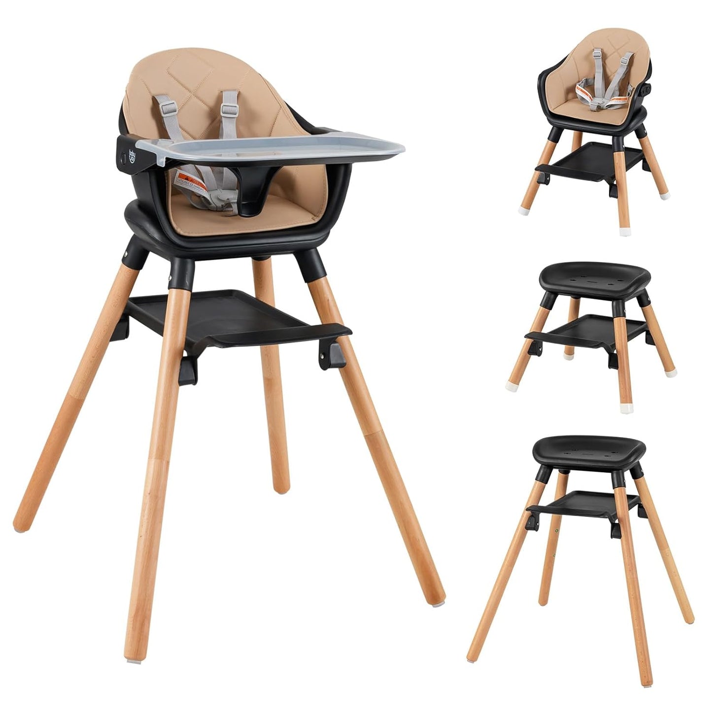 HONEY JOY Baby High Chair, 6 in 1 Convertible Wooden Highchair for Babies and Toddlers/Chair/Bar Stool, Removable Double Tray & Reversible Footrest, Safety Harness for Infant Boys Girls (Coffee)