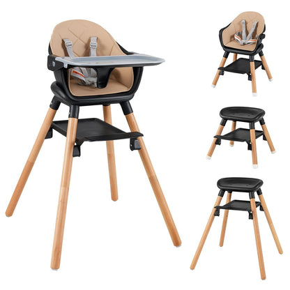 HONEY JOY Baby High Chair, 6 in 1 Convertible Wooden Highchair for Babies and Toddlers/Chair/Bar Stool, Removable Double Tray & Reversible Footrest, Safety Harness for Infant Boys Girls (Coffee)