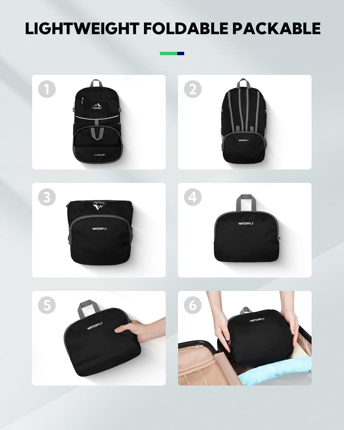 WATERFLY Hiking Foldable Daypack Backpack: 25L Ultra Lightweight Packable Waterproof Outdoor Travel Day Pack for Woman Man