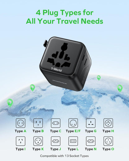 MOMAX Mini Universal Travel Adapter Worldwide, 2 AC, All European Travel Plug Adapter UK, Travel Essentials for US to Europe Adaptor, All-in-One Wall Charger for AUS JP, Over 200 Countries