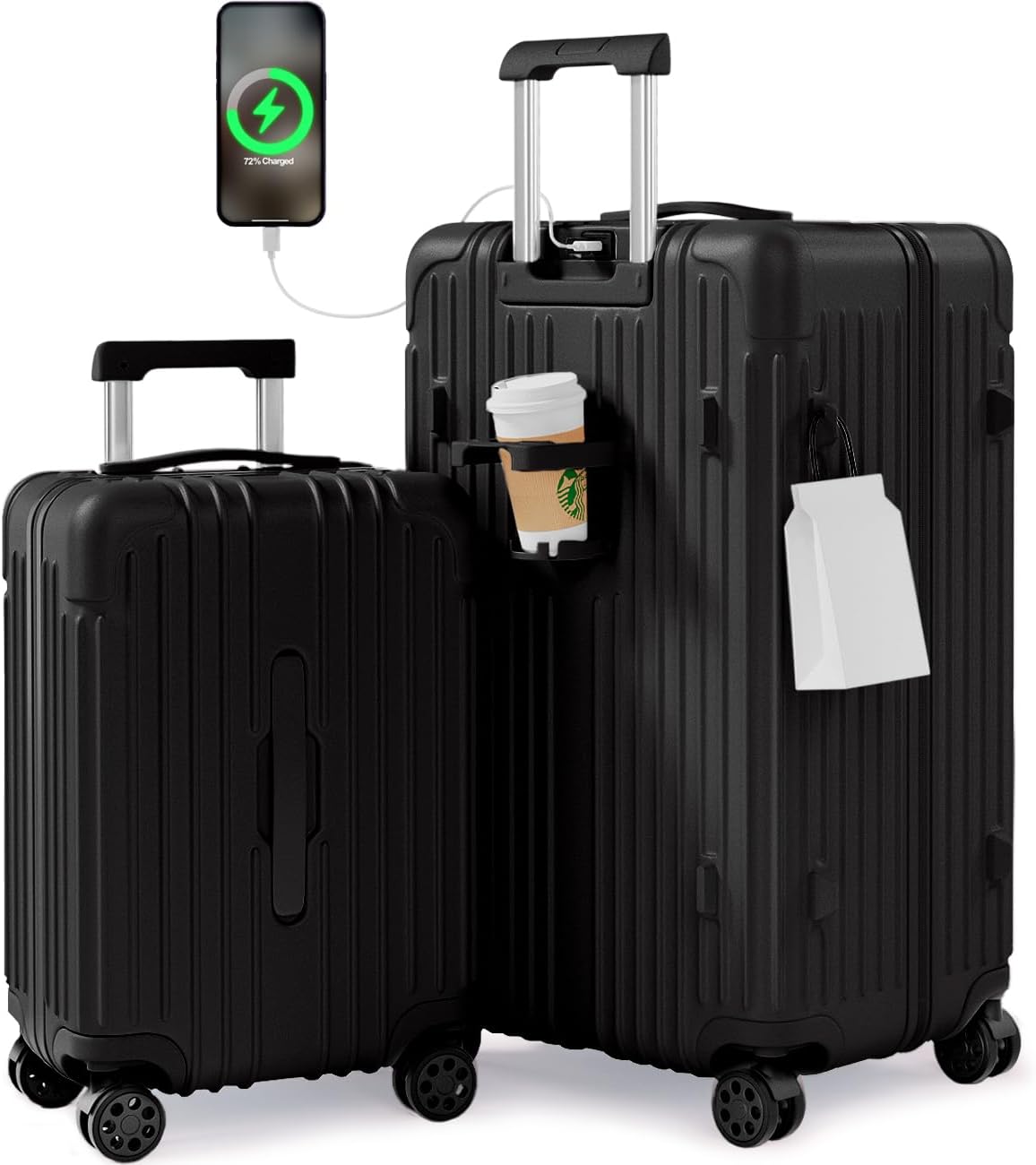 Krute Luggage Sets 2 Piece Suitcase with Spinner Wheels PC+ABS Hardside Suitcases Charging Port TSA Lock Carry On Luggage with Cup Holder 20+28 Inch