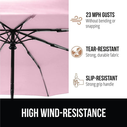 GORILLA GRIP Strong Stick Umbrella for Rain, Compact Travel One-Click Automatic Open Close, Lightweight, Portable, US Designed Reinforced Fiberglass Ribs, Wind Resistant, Easy Collapse, Pink