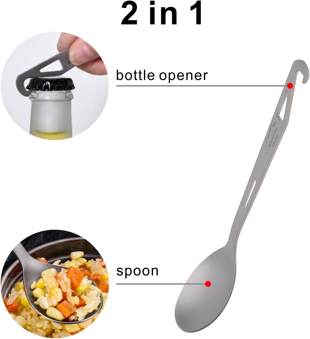 SANTTA Titanium Camping Spoon Set of 2 Piece, Spoon and Bottle Opener 2-in-1 Design, Lightweight Ti Utensils with a Pouch and Carabiner for Outdoor Camping Backpacking Hiking and Travel