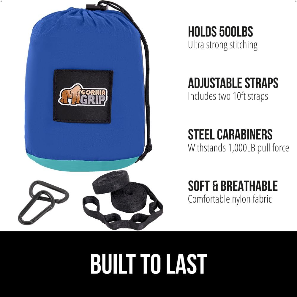 GORILLA GRIP Durable Portable Camping Hammock, Holds 500lbs with Heavy Duty Tree Straps, Comfortable Travel Swing, Camp Hammocks, Easy to Use and Install, Outdoor Essentials, Blue, 10x6.5 FT