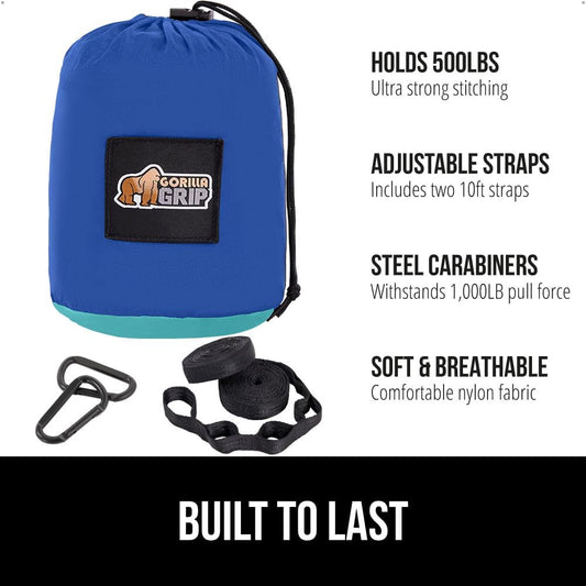 GORILLA GRIP Durable Portable Camping Hammock, Holds 500lbs with Heavy Duty Tree Straps, Comfortable Travel Swing, Camp Hammocks, Easy to Use and Install, Outdoor Essentials, Blue, 10x6.5 FT