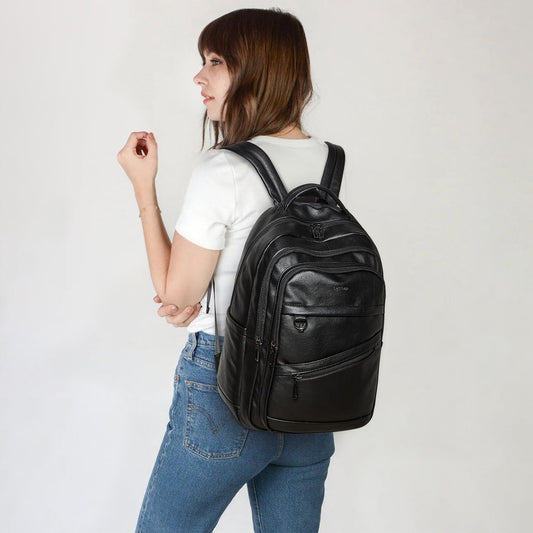 43L Backpack for Women Men - Vegan Leather Backpack Purse Travel Carry-on Bag College Bookbag Work fits 17" Laptop, Black