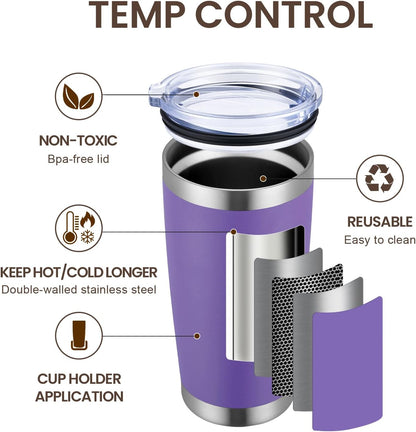 MEWAY 20oz Tumbler 8 Pack Double Wall Vacuum Insulated Travel Mug Bulk, Stainless Steel Tumblers with Lid and Straw, Durable Powder Coated Coffee Cups for Cold & Hot Drinks (Purple, 8)
