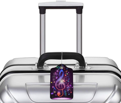 Set of 2 Music Note Luggage Tags with Full Back Privacy Suitcase Labels Identifiers, Colorful Purple PU Leather Baggage Tags for Music Lovers Women Men Girls Boys Travel