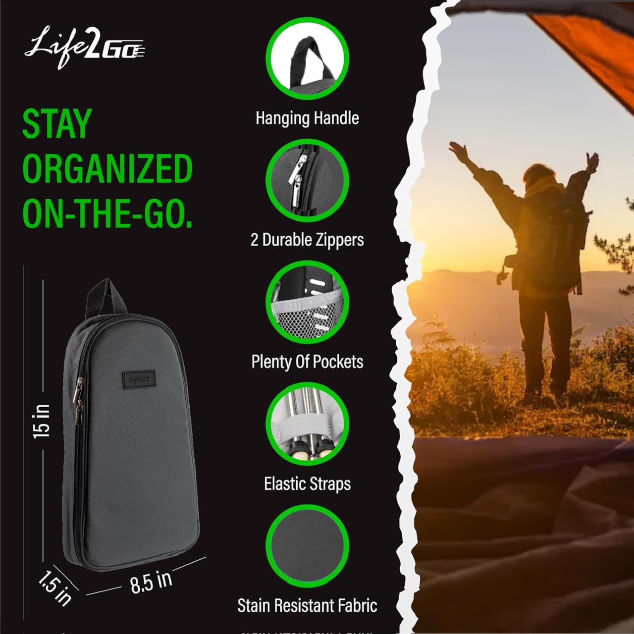 Life2Go 12 Piece Camp Cooking Utensil Set & Outdoor Kitchen Gear Cookware Kit, Portable Compact Carry Case for Camping, Hiking, Travel, BBQ Grilling Stainless Steel Accessories Spoon & Fork, Gray