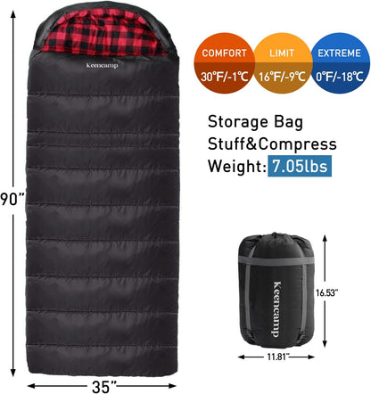 0 Degree Sleeping Bag Cotton Flannel Winter Cold Weather for Adults XXL Sleeping Bag 4 Season Big and Tall with Pillow Compression Sack