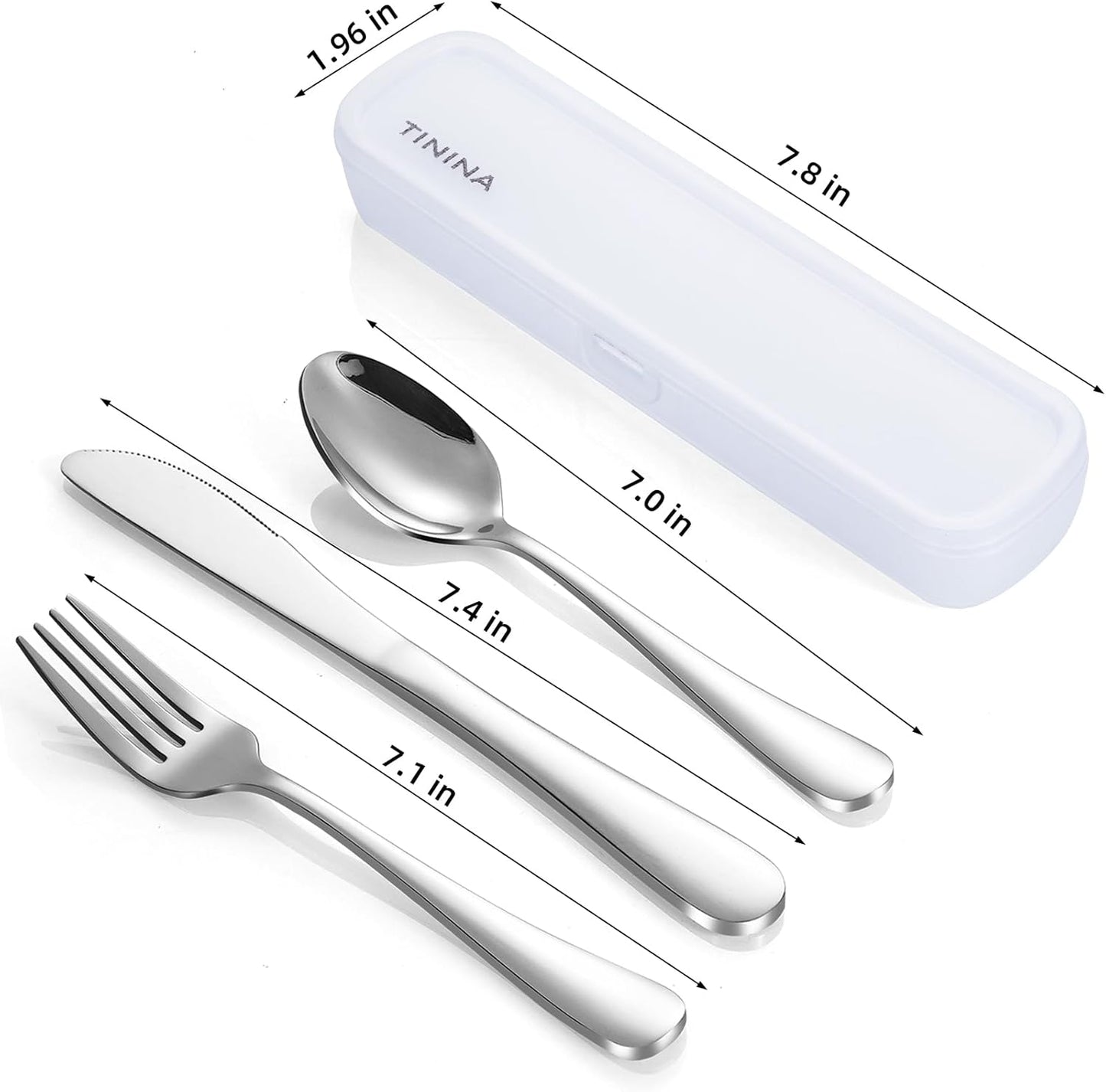 Travel Utensils with Case, 4-Piece Stainless Steel Portable Cutlery Set, Reinforced Case with Buckle Design, Lunch Box for Camping Work School, Include Fork Spoon Knife, Dishwasher Safe, Silver